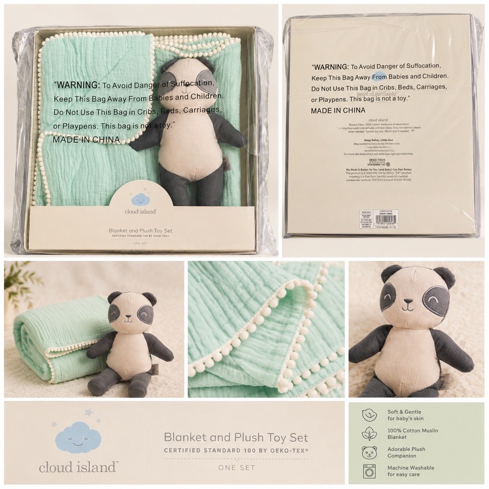 Cloud Island Joyful Mint Green Muslin Blanket and Panda Plush Toy Set‎ NEW